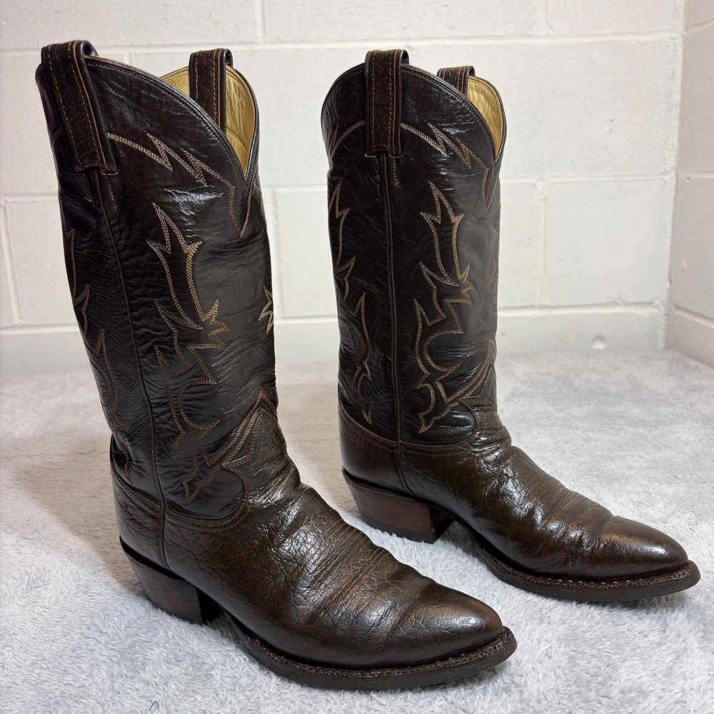 Tony Lama Cowboy Boots Men's 7.5 D Brown Exotic Caribou Leather Western 6283 VTG